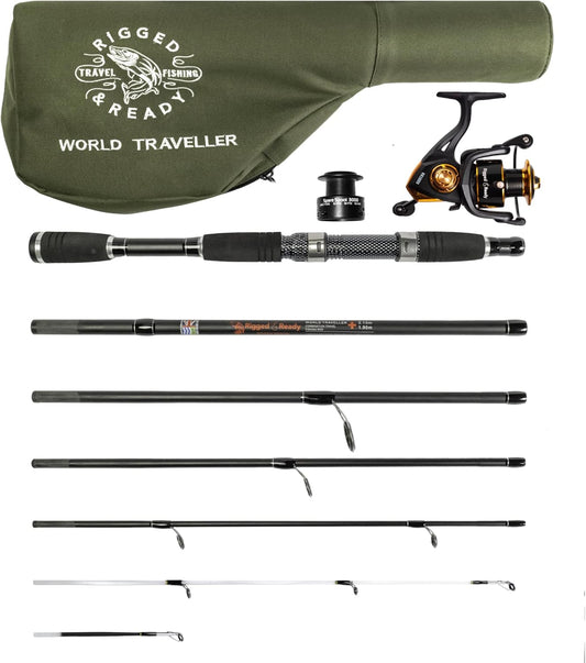 Rigged and Ready World Traveller Travel Fishing Rod Reel & Case Set.Compact 6 Sections, 2 Tips. Super Compact Carry Size. 2-in-1, 1.9m + 2.15m (6.4' + 7') Fishing Rod + 2 Tips.