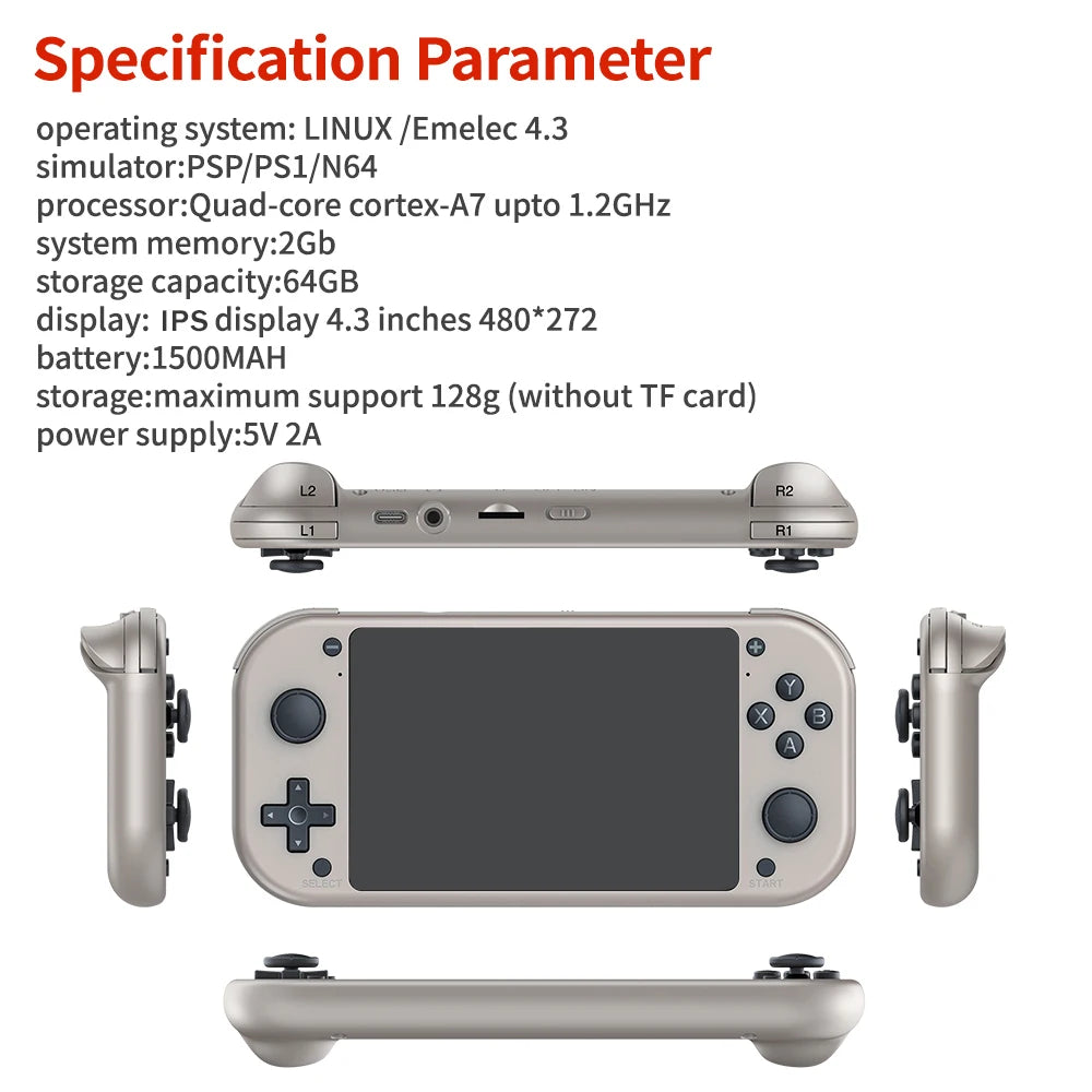 consola de videojuegos portátil Retro M17, sistema Linux de código abierto, pantalla IPS de 4,3 pulgadas, reproductor de vídeo portátil de bolsillo, 64GB